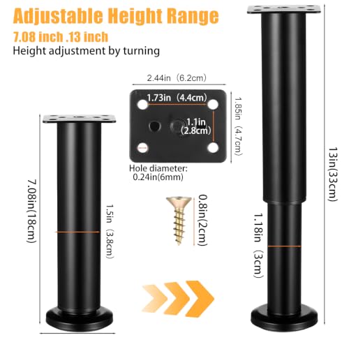 4 Pcs Adjustable Furniture Legs, Metal Support Legs for Bed Frame, Cabinet, Sofa, Carbon Steel, 7.08-13 Inch