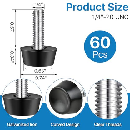 1/4-20 Inch Thread Adjustable Furniture Levelers, 60 Pcs Screw Feet Levelers, Galvanized Steel Adjustable Furniture Leveling Feet for Table,Chair,Desk,Cabinet,Patio Legs