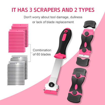 3 Pack Razor Blade Scraper Set, Includes 30 Plastic & 30 Metal Blades(Pink) - color: Pink