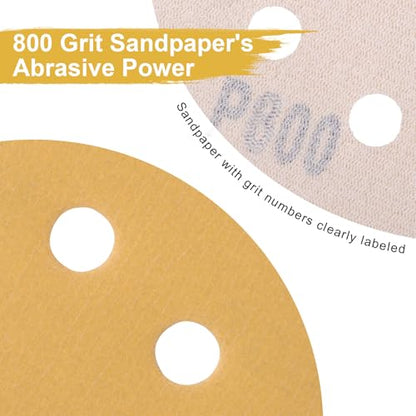 5 Inch 8-Hole Hook and Loop Sanding Discs 800 Grit, 100 PCS