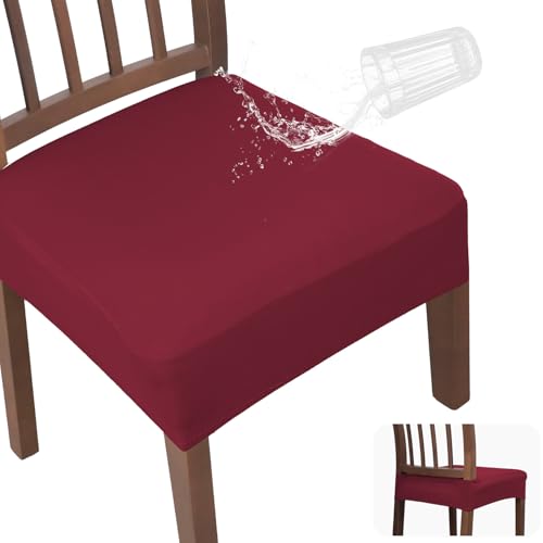JQinHome Waterproof Dining Chair Seat Covers Set of 4 | Soft Removable Washable Chair Covers for Dining Room,Rear Gap Hook-and-Loop| Elastic Non-Slip, Full Rear Coverage | Wine Red - color: Wine Red, size: 4PC