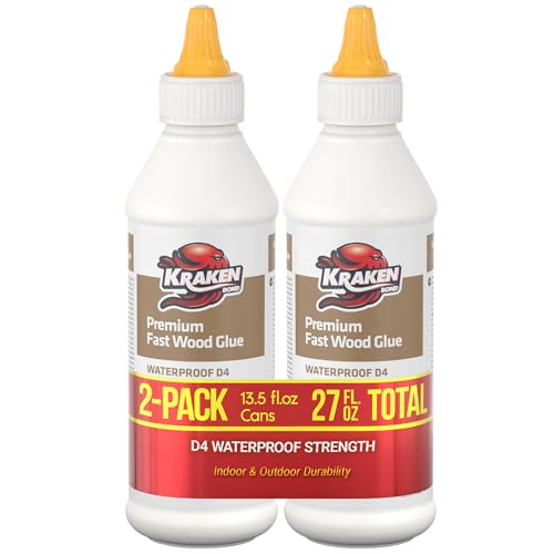Kraken Bond D4 Fast Drying Wood Glue - (2x13.5 fl.oz.) Marine Grade Waterproof Polyurethane Glue for Outdoor, Boat, Furniture, Woodworking, Carpentry, Heavy Duty Marine Carpet Glue - 2 Pack - size: 2 Pack, style: D4 Marine Wood Glue