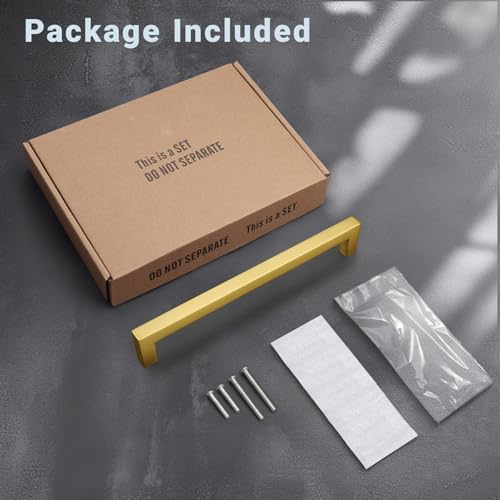KNOBWELL 6Pack 7-9/16 Inch Brushed Gold Cabinet Pulls Stainless Steel Kitchen Cabinet Handles Square Drawer Pulls Modern Cabinet Hardware Handles，192mm Hole Centers - color: Brushed Gold, size: Hole Center:7-9/16 inch(192mm)