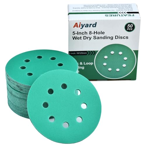 5-Inch 8-Hole Wet Dry Sanding Discs 180 Grit Sandpaper, 50-Pack