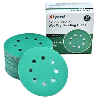 5-Inch 8-Hole Wet Dry Sanding Discs 180 Grit Sandpaper, 50-Pack