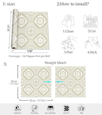 Moroccan Geometric Peel and Stick Wallpaper, Boho Tile Pattern Wallpaper - color: ML-M047, size: 17.7" x 118"