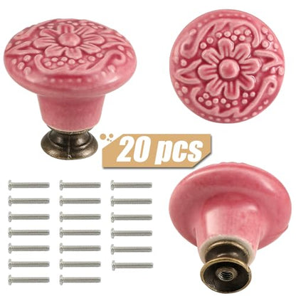 Ceramic Knobs, Embossed Floral Design - Rose Red, 20pcs - color: Rose Red