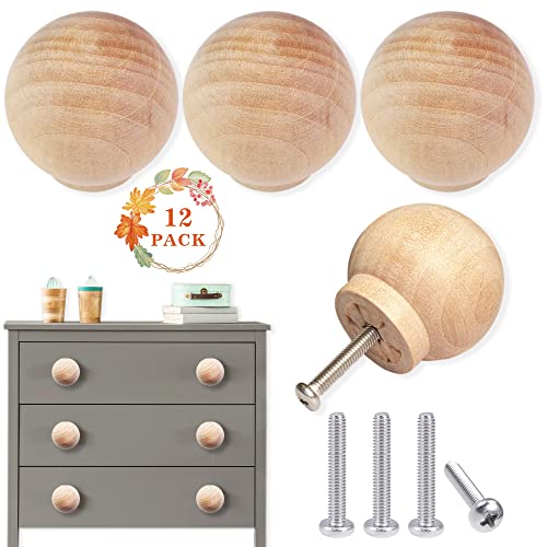 12PCS Wood Ball Knobs 1-1/2 inch Round Wood Drawer Knobs Cabinet Knobs Pull