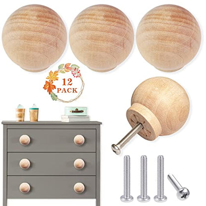 12PCS Wood Ball Knobs 1-1/2 inch Round Wood Drawer Knobs Cabinet Knobs Pull