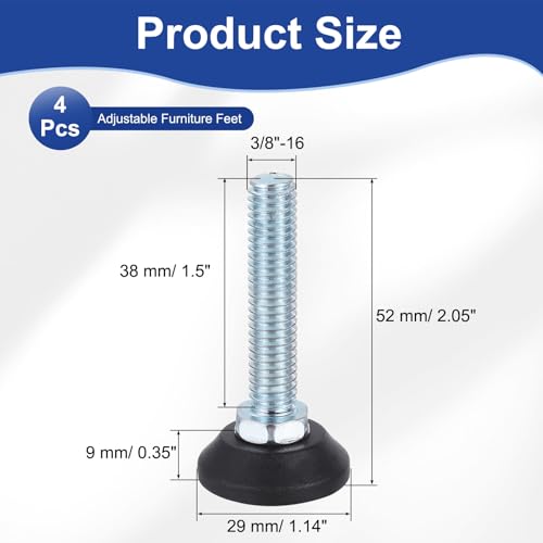 uxcell 3/8"-16 Thread Furniture Feet Levelers, 4Pcs 38mm l Adjustable Furniture Feet Screw in Threaded Leveling Leg Screw on Chair Foot Glides Leveling for Table Chair Cabinet Black - size: 3/8"-16 38mm