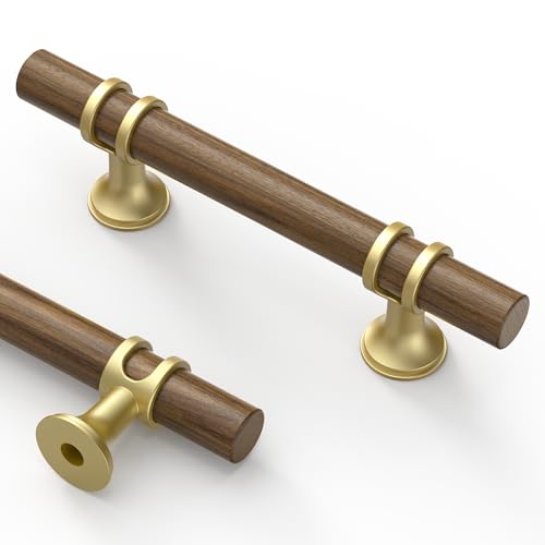 Asidrama 10 Pack 3 Inch(76mm) Wood and Gold Cabinet pulls Kitchen Cabinet Handles, Cabinet Pulls Kitchen Cabinet Hardware for Cupboard Drawer Pulls - color: wood and gold, size: 3" Hole Center, style: 10 Pack