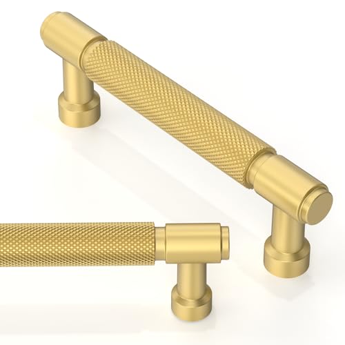 10 Pack Brushed Gold Knurled Cabinet Pulls 3.75 Inch(96mm) Kitchen Cabinet Handles Cabinet Hardware Drawer Pulls - color: Brushed Gold, size: 3.75" Hole Center