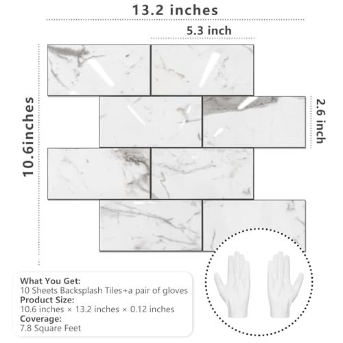 STICKGOO 10-Sheet Backsplash Peel and Stick Subway Tile(Thicker Design) - color: Glossy Grey Marble