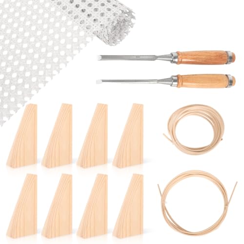 Reaeng Rattan Repair Kit for Chair Caning, Complete Furniture Restoration Kit with 15.7 x 39.4 Inch Cane Webbing Roll, Spline, 2 Caning Chisels and 8 Wooden Wedges - color: White