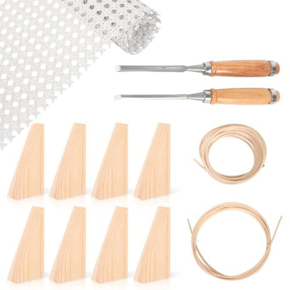 Reaeng Rattan Repair Kit for Chair Caning, Complete Furniture Restoration Kit with 15.7 x 39.4 Inch Cane Webbing Roll, Spline, 2 Caning Chisels and 8 Wooden Wedges - color: White