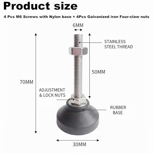 Adjustable M6 Furniture Leveling Feet 4PCS - 50mm Swivel Leg Levelers with Four-Claw Nuts, Anti-Skid Nylon Base & Stainless Steel Screws for Cabinets, Tables, Chairs, Workbench - 40kg Load Capacity