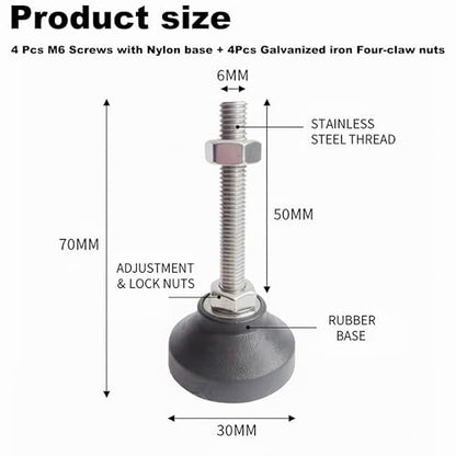 Adjustable M6 Furniture Leveling Feet 4PCS - 50mm Swivel Leg Levelers with Four-Claw Nuts, Anti-Skid Nylon Base & Stainless Steel Screws for Cabinets, Tables, Chairs, Workbench - 40kg Load Capacity