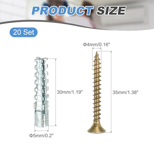 PATIKIL 20 Pcs Drywall Hollow Wall Anchors with Screws 0.16 x 1.38, Steel Dry Wall Anchors Kit for Wooden Concrete Plaster Hinge Hole Repair, Silver (5 x 30mm) - size: 5 x 30mm