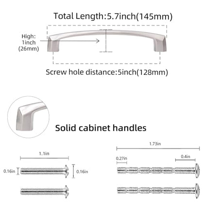 10 Pack 5 Inch Brushed Satin Nickel Kitchen Cabinet Handles - color: Brushed Satin Nickel, size: 5'' Hole Center(128mm)