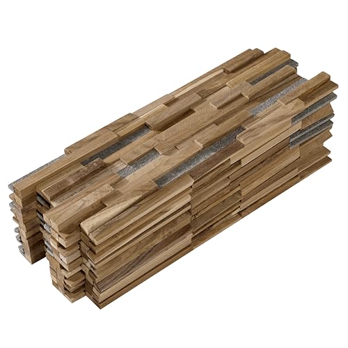 Bare Decor EZ-Wall Mosaic 3D Pattern with Stone Accents Tile in Solid Teak Wood Natural Finish, Set of 10 - size: 10 Sq Ft W/Stone