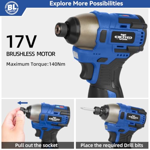 140Nm 17V Brushless Impact Screwdriver with 2 Batteries (Blue) - color: Blue, size: 17V Brushless Screwdriver