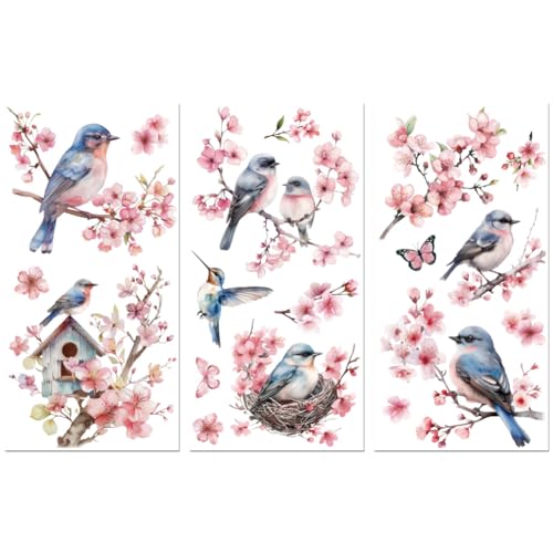 Peacoblue Cherry Blossoms, Bird Rub On Transfers for Furniture Craft 6"x12" - style: Cherry Blossoms and Birds