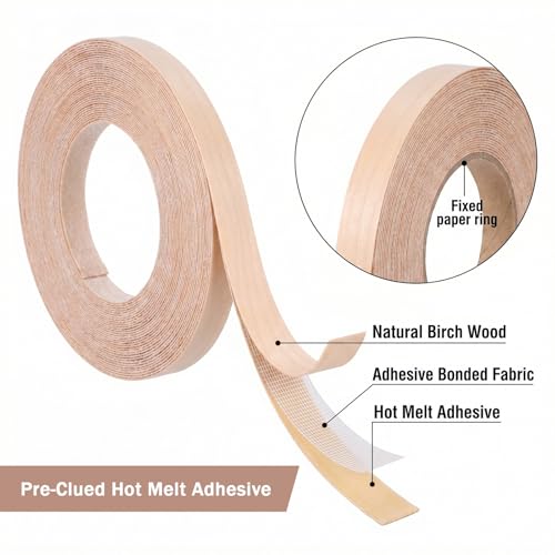 Birch Tape 0.47''X 50ft Roll of Plywood Edge Banding Veneer Flexible Pre-glued Natural Wood Color Tape for DIY & Professional Projects Furniture Restoration Repair