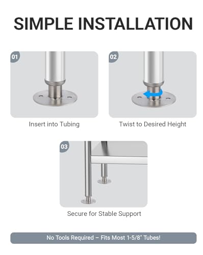 Adjustable Bullet Feet for 1-5/8" O.D. Tubing - Table Leg Levelers - color: Stainless Steel Round Flange Base Leveling Feet