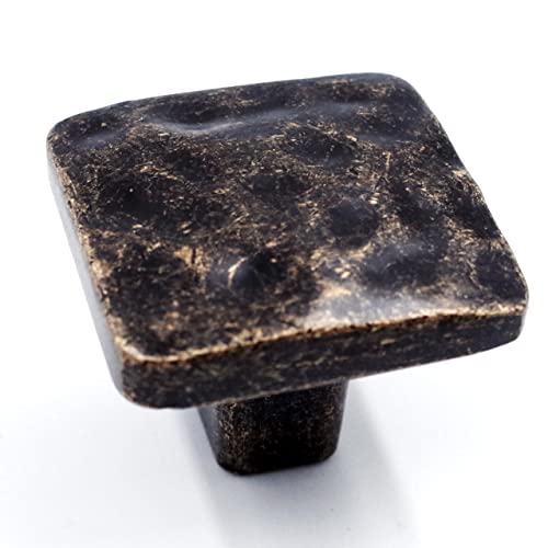 Jetland Square Hammered Cabinet Knobs - 6-Pack, Antique Brass, 1-1/4" Knobs, Rustic Solid Cast Square Knobs for Dresser Nightstand Furniture, HT0612ABR30 - color: Antique Brass, size: 1-1/4" Knobs