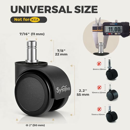 Sytopia Office Chair Wheels, Universal Standard Stem 7/16 inch x 7/8 inch, 2" Upgraded Quiet Caster Wheels Safe for All Floors Include Hardwood & Carpet, Not for 1KEA, Easy to Install, Set of 5 - color: Plastic-2 Inch