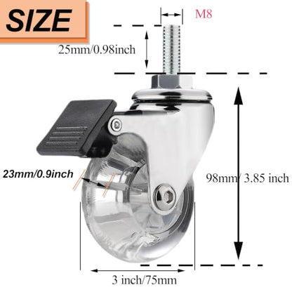 3" Stem Caster Wheels, M8×25mm, with Brake, Clear - color: Clear Brake, size: 3",M8x25