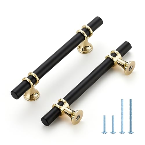 HOME EDIT Matte Black & Gold Cabinet Handles, T-Bar 3-3/4 Inch, 15 Pack - color: Brushed Brass and Matte Black, size: 3-3/4 Inch Hole Center