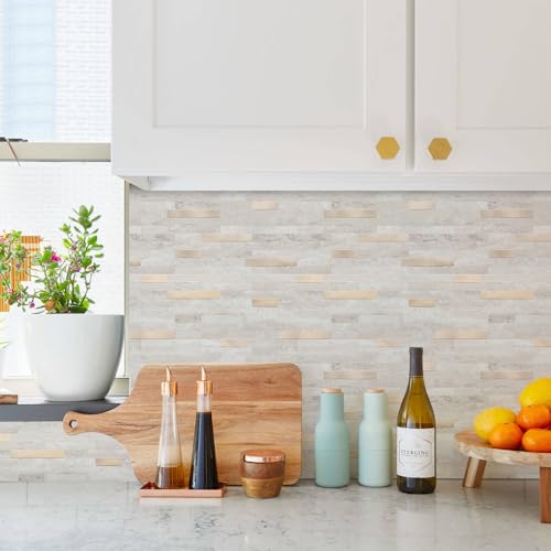 STICKGOO Peel and Stick Backsplash, PVC Wall Tiles Stick on Backsplash for Kitchen(10 Sheets, Beige with Metal Gold) - color: Beige with Metal Gold