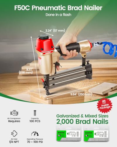 meite F50C Pneumatic Brad Nailer with 2000pcs Nails (1-1/4", 2"), Air 18 Gauge Brad Nailer Small Finish Nail Gun for Trim Work, Fires 18 Gauge Brad Nails 5/8 Inch to 2 Inch