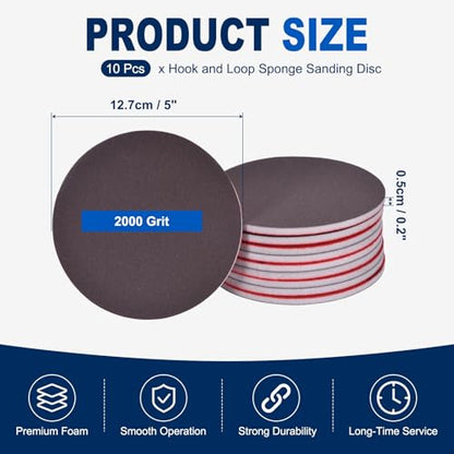 10Pcs 5 Inch Hook and Loop Sponge Sanding Disc, 2000 Grit - size: 5 Inch 2000 Grit
