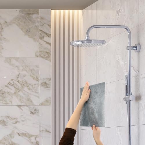 HARFINGTON 15pcs Peel and Stick Marble Tiles, Waterproof Wall Panel Backsplash, 12"x12" PVC Peel and Stick Shower Tiles for Bathroom, Kitchen, Living, Palace Jade Design - style: Palace Jade