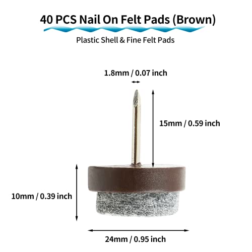 40 PCS 24mm Nail-On Felt Glides, Chair Leg Protector Brown - size: 24mm - Brown