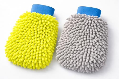 Microfiber Cleaning Mitt Gloves 2 Pack Dual Sided Wash Mitt for Car Cleaning Dusting Windows and Furniture Ultra Soft Reusable Chenille Cleaning Gloves
