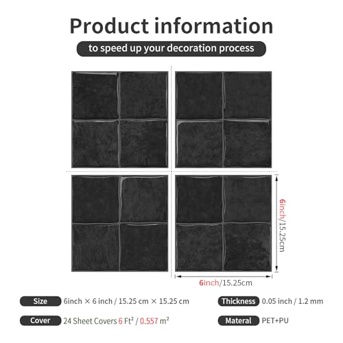 4 Sheets Charcoal Black 6"x6" Peel and Stick Subway Tile Backsplash - color: Charcoal Black, size: 4 Pcs 6" x 6" x 0.05"