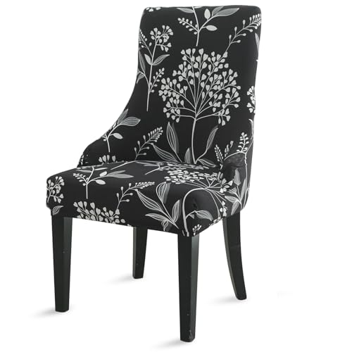 Liykimt Stretch Wingback Side Chair Slipcover-Accent Chair Cover Slipcover with Arm,Washable Upholstered Arm Dining Chair with Nailed Trim Protector for Dining Living Room - color: Black/Leaves