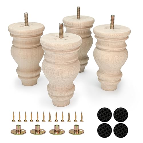 5 Inch Wood Furniture Legs Set of 4 Round Bun Feet Unfinished Replacement - size: 5inch