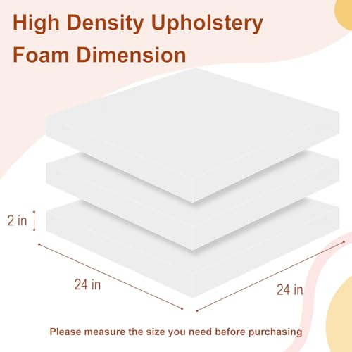 High Density Upholstery Foam 2" X 24" X 24", 3PCS Couch Cushion Replacement - size: 2" X 24" X 24"