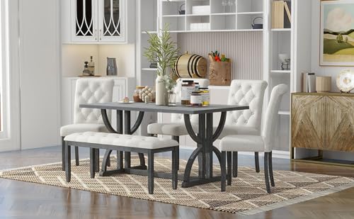 6-Piece Dining Table Set with 4 Upholstered Chairs and Bench, Gray Wash - color: Gray Wash