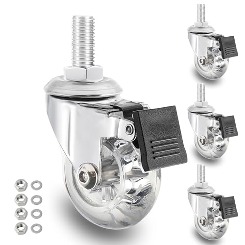 2" Stem Caster Wheels, M8×25mm, with Brake, Clear, Set of 4 - color: Clear Brake, size: 2",M8x25