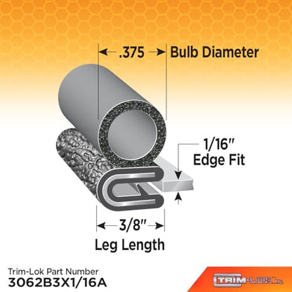 TRIM-LOK Trim Seal, Edge Trim with Side Bulb, Fits 0.375-Inch Bulb, 1/16-Inch Edge, 3/8-Inch Leg, 25-Foot Length, Black Pebble Finish, Flexible PVC Plastic Trim with EPDM Rubber Weather Stripping - style: 0.375" Bulb, 1/16" Edge, 3/8" Leg, 25 Feet