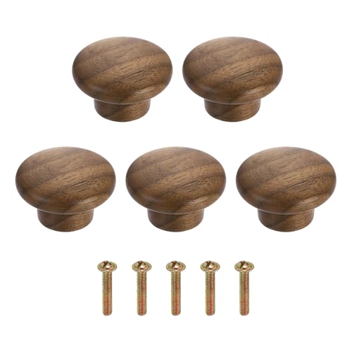 uxcell 5Pcs Round Wood Drawer Knob, 1.57" Diameter Round Head Dresser Knobs Solid Wooden Knobs with Screws for Furniture Drawer Wardrobe Cupboard, Walnut