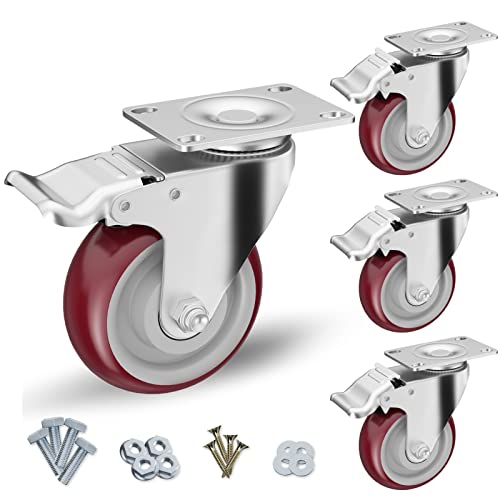 4" Heavy Duty Plate Casters with Brake, Set of 4 - color: Red, size: 4 inch