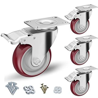 4" Heavy Duty Plate Casters with Brake, Set of 4 - color: Red, size: 4 inch