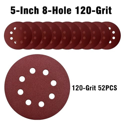 52 Pack 5 Inch 8-Hole Hook and Loop Sanding Discs Sandpaper Red Round 120 Grit Sandpaper for Random Orbital Sander - style: 120 Grit 52-Pack