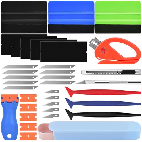 PACETAP Car Vinyl Wrap Tool kit 35pcs, Window Tint Tools Kit Including Package Bag, Felt Squeegee, Edge Trimmer, Soft Corner Squeegee, Retractable Kinfe and 10*Kinfe Blades, Carving Knife, Cut Knife - size: 35
